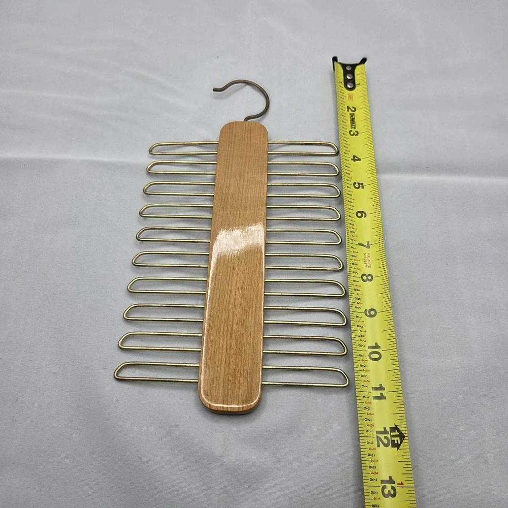 Vintage Wooden Tie Rack Hanger Brass Metal Arms Closet Organizer